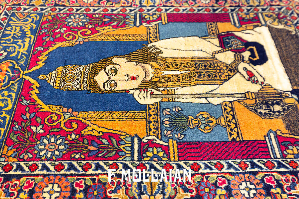 Pair of Small Signed Antique Figurative Persian Antique Kashan Dabir Rugs (Shàh Nemat-allàh Figure) n°:16971523